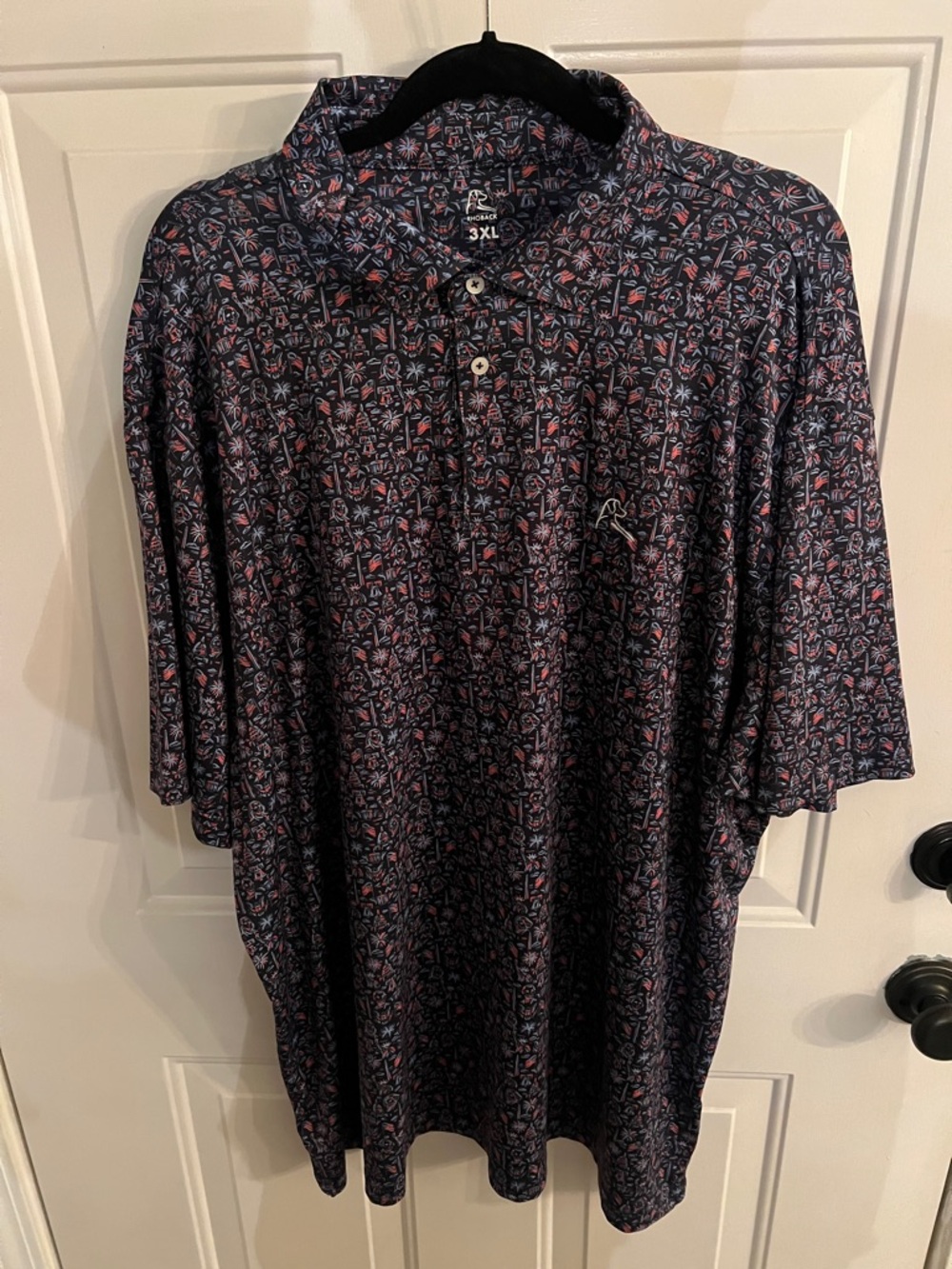 Rhoback Men's Navy Polo with Pink & Light Blue Pattern